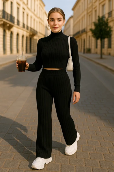 Kadın Uzun Kollu Balıkçı Yaka Krop Ve Pantolon şardonlu Kaşkorse Ikili Takım - Resim 2