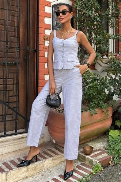 Kalın Askılı Bluz Pantolon Keten Takım 10187 - Resim 6