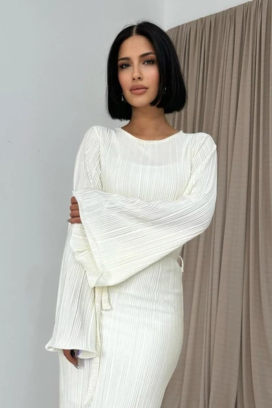 Ekru İspanyol Kol Piliseli Elbise - 2