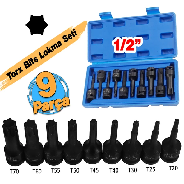 1/2" Torx Bits Lokma Seti 9 Parça T20 T25 T30 T40 T45 T50 T55 T60 T70 CR-MO Uzunluk:78 mm Tork - Resim 3