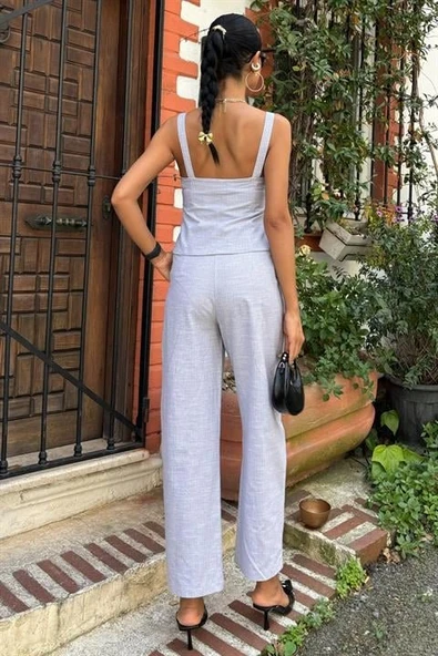 Kalın Askılı Bluz Pantolon Keten Takım 10187 - Resim 4