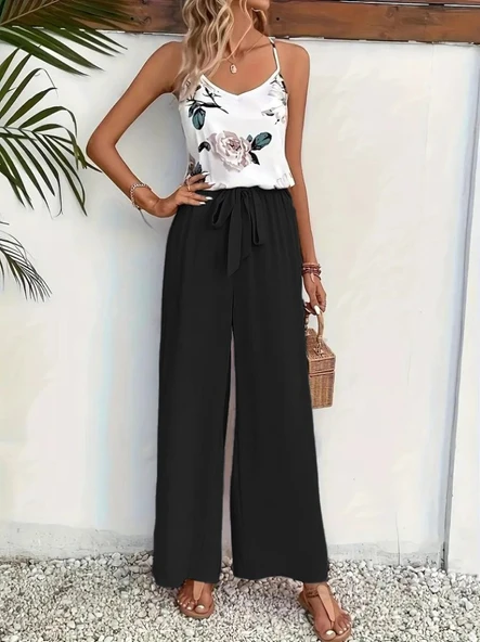 Kadın Ip Askılı V Yakalı Süprem Bluz Ve Aerobin Pantolon Ikili Takım