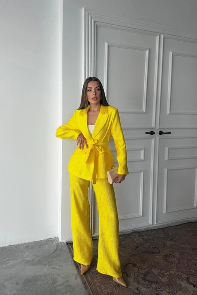 Neon Beli Kuşaklı Ceket Ve Pantolon Parlak Takım