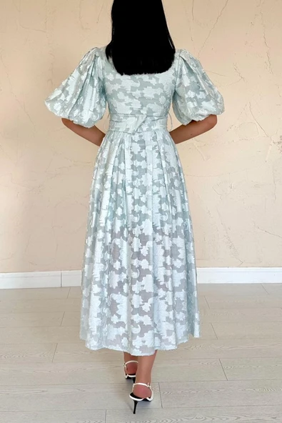 Mint Kemerli Balon Kollu Elbise - Resim 4