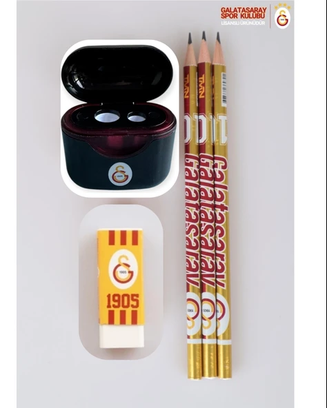 Galatasaray Lisanslı Kurşun Kalem Seti (3 Adet Kurşun Kalem, Silgi, Siyah Kalemtraş)