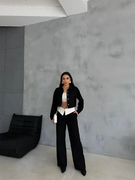 KETEN GÖMLEK-CROP-SALAŞ PANTOLON TAKIM - Siyah - 3