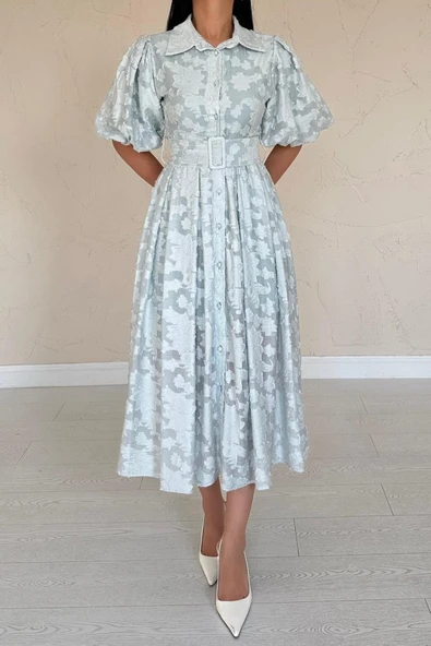 Mint Kemerli Balon Kollu Elbise - Resim 3