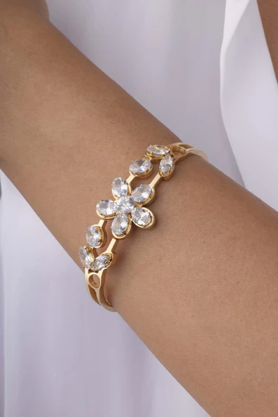 Zirkon Taşlı Yonca Altın Kaplama Çelik Kelepçe Bileklik ürün görseli 1