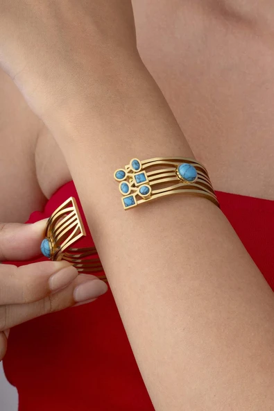 Firuze Taşlı Altın Kaplama Sarmal Model Kadın Kelepçe Bileklik - Resim 2