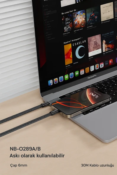 W PD Hızlı Fast Destekli TYPE-C (USB-C) to TYPE-C Dayanıklı Data Şarj   Kablosu Ve Telefon Askısı - Resim 3