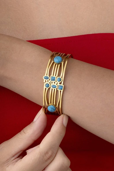 Firuze Taşlı Altın Kaplama Sarmal Model Kadın Kelepçe Bileklik ürün görseli 1