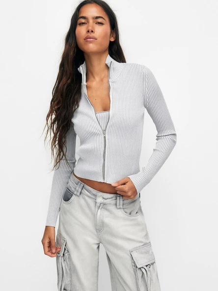Pull & Bear Fitilli Açık gri renk fermuarlı ürün görseli 1
