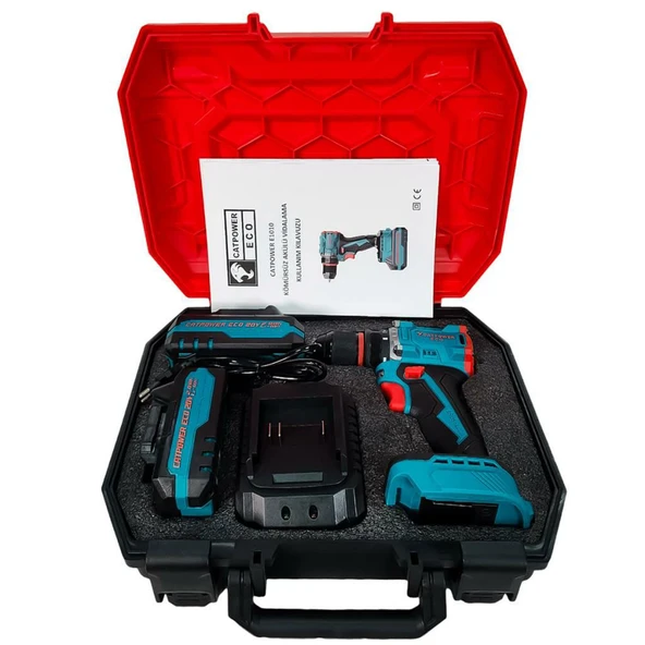 Catpower E1010 Çift Akü Çantalı Kömürsüz Li-ion 20V 2.0Ah Profesyonel Matkap Güçlü Vidalama Seti - Resim 3