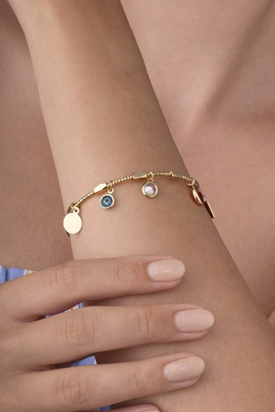 Göz İşlemeli Kırmızı Beyaz Altın Kaplama Kadın Charm Bileklik