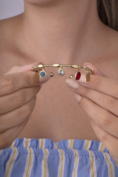 Göz İşlemeli Kırmızı Beyaz Altın Kaplama Kadın Charm Bileklik - 3