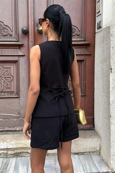 Gold Düğme Detaylı Yelek Şort Cotton Takım 10134-17 - 5