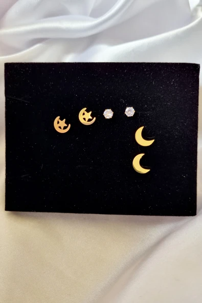 3'lü Ayyıldız Ay Tektaş Küpe Set