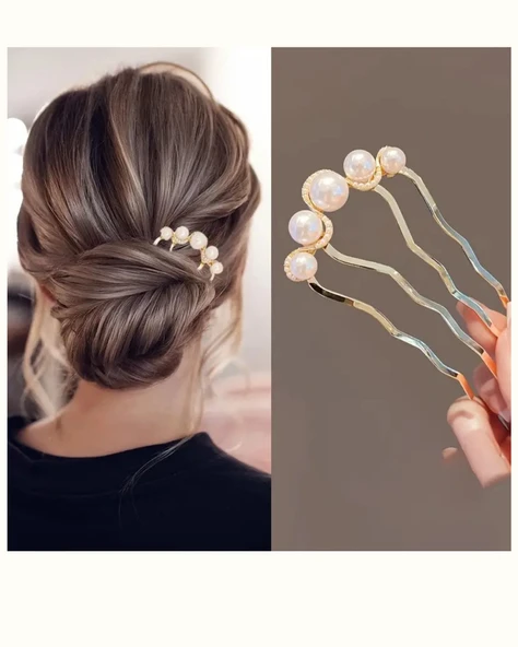 1 Adet-Kadınlar İçin Elegant Saç Takı – İncili Fransız Twist Saç Çatalı, Vintage Bun Maker ürün görseli