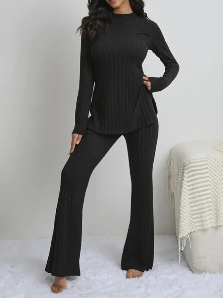Kadın Uzun Kollu Yuvarlak Yaka Yandan Yırtmaç Detaylı şardonlu Kaşkorse Bluz Ve Pantolon Ikili Takım - Resim 3
