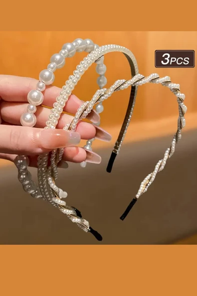 3'lü İnci Detaylı Kadın Saç Bandı Seti – Şık & Zarif Saç Aksesuarları - Resim 2