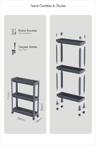 Tekerlekli Raf Ünitesi 3 Katlı Beyaz Banyo Rafı Mutfak Rafı Servis Sehpası Organizer(PEGGYBEYAZ) - 3
