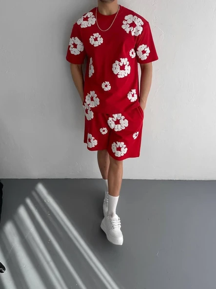 İki İplik Kumaş Baskılı T-shirt Şortlu Takım- Kırmızı - Resim 2