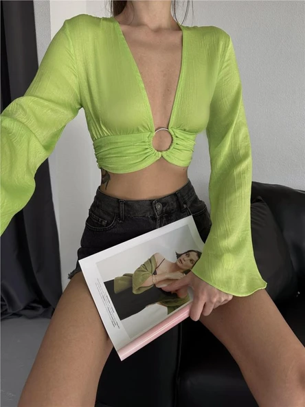 SATEN CROP TOKA DETAYLI BLUZ - Yeşil - 2