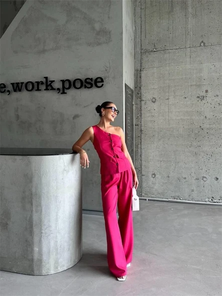 TEK KOL YELEK - PANTOLON TAKIM ATLAS - Fuşya - 4