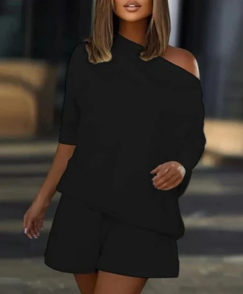 Kadın Kayık Yaka Salaş Iki Iplik Bluz Ve şort Ikili Takım - 3