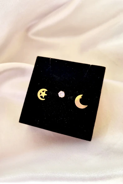 3'lü Ayyıldız Ay Tektaş Küpe Set - 2