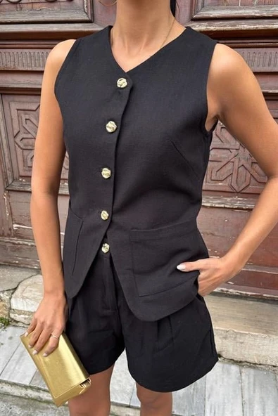 Gold Düğme Detaylı Yelek Şort Cotton Takım 10134-17 - 3