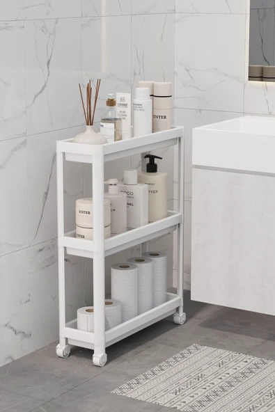 Tekerlekli Raf Ünitesi 3 Katlı Beyaz Banyo Rafı Mutfak Rafı Servis Sehpası Organizer(PEGGYBEYAZ) - 2