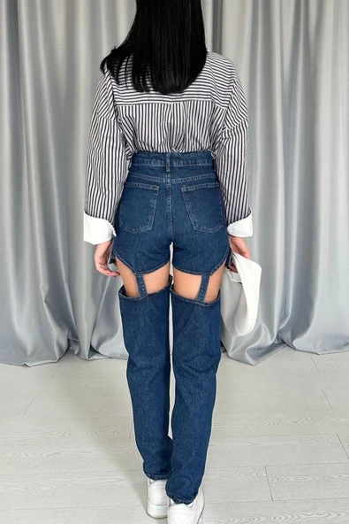 Mavi Askılı İki Parça Jeans Pantolon - 4