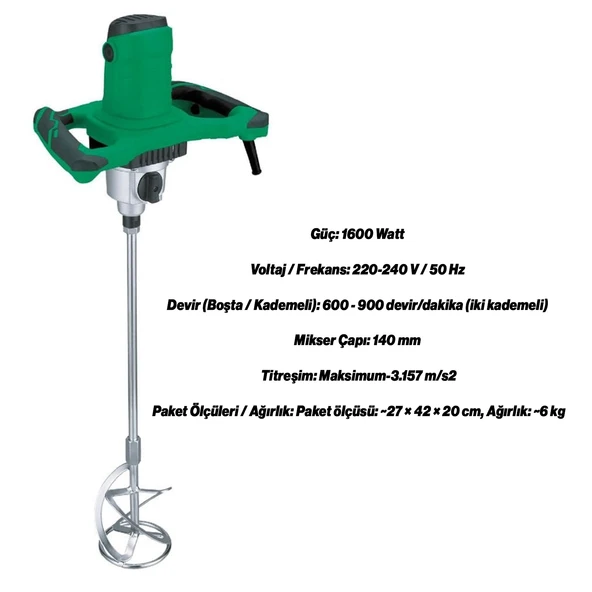Elektrikli Boya Harç Karıştırıcı 1600 W Çift Kulp Ergonomik Mikser Ucu Güçlü Karıştırma Makinesi - Resim 2