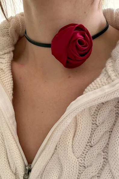 Bağcıklı Kumaş Gül Choker Kolye Gül Kolye - 3