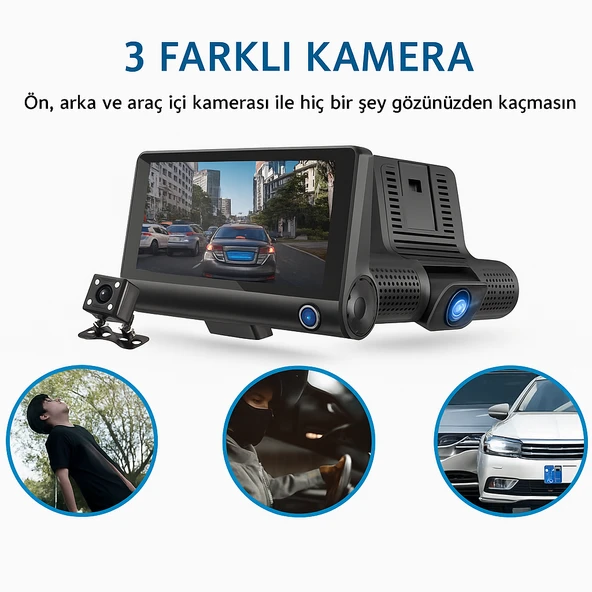 Üsküdar İletişim Full HD Ekran 1080p 3 Kameralı Araç Içi Güvenlik Kamera - 5