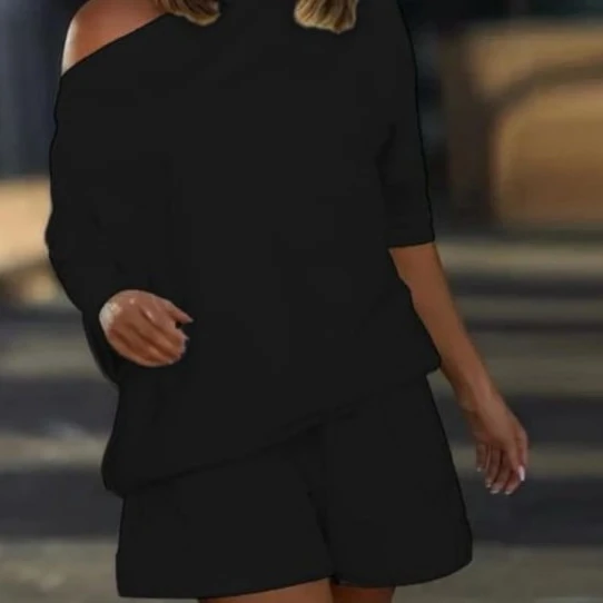 Kadın Kayık Yaka Salaş Iki Iplik Bluz Ve şort Ikili Takım - 2