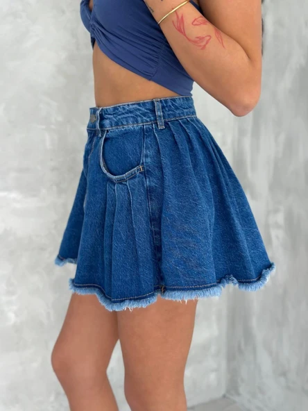 Şık Pileli Yazlık Mini Etekli Kot- Saks Mavisi - Resim 2