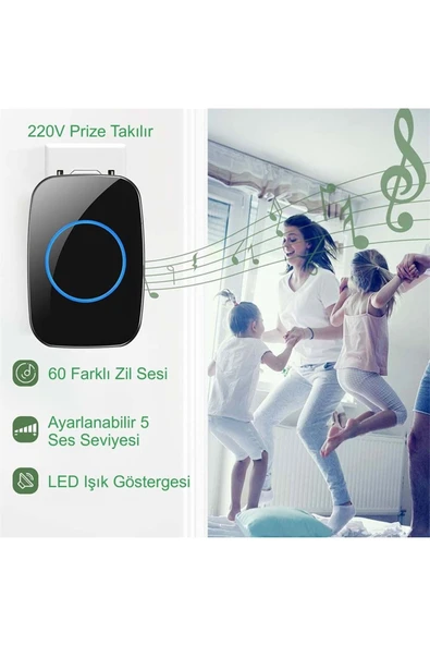Plentiful Modern Kablosuz Kapı Zili 300metre Menzil 60 Çeşit Melodi Hoşgeldiniz 5 Seviye Ses - Resim 4