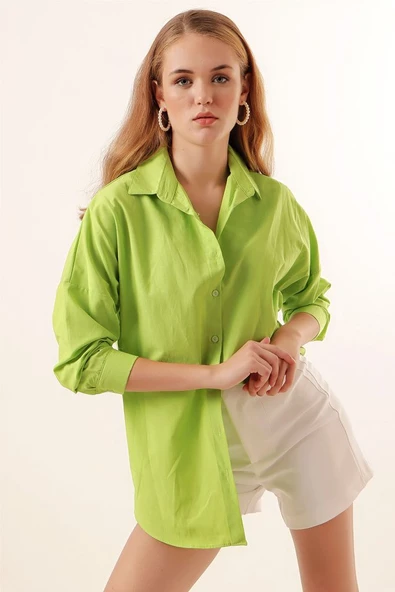 3900 Oversize Uzun Basic Gömlek - G.Yeşil