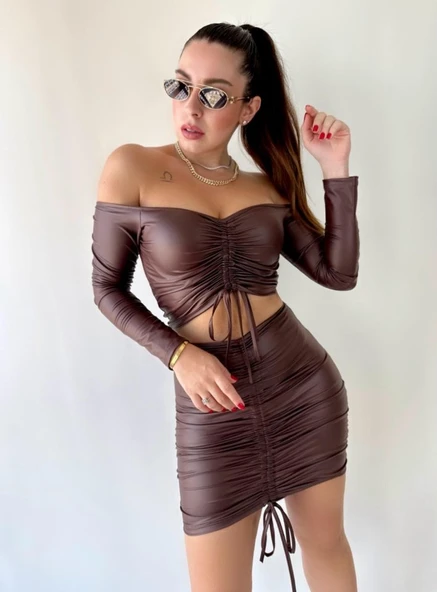 Kadın Büzgülü Deri Etek Takım Fırsat Ürün - Resim 3