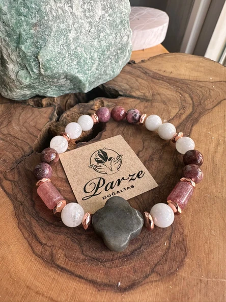 Labradorit, Rodonit, Aytaşı ve Çilek Kuvars Tasarım Bileklik - 2