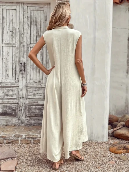 Kadın Kısa Kollu önden Düğmeli Paçaya Doğru Geniş Cepli Uzun Bürümcük Tulum - 4