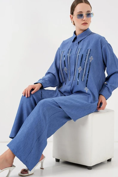 Desenli Tunik Pantolon İkili Takım 6720 - İndigo - 2