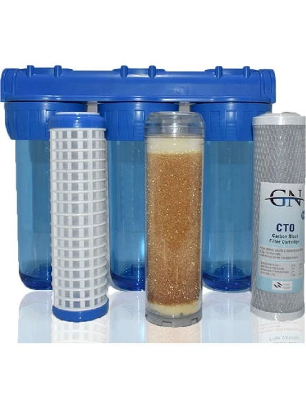 10 Inç 3 Aşama Daire Bina Sayaç Girişi Su Arıtma Cihazı Yıkanabilir-Reçine-Blok Karbon Filtreli ürün görseli