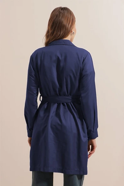 5864 Kruvaze Yaka Kısa Trençkot - Lacivert - 3