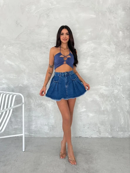 Şık Pileli Yazlık Mini Etekli Kot- Saks Mavisi ürün görseli