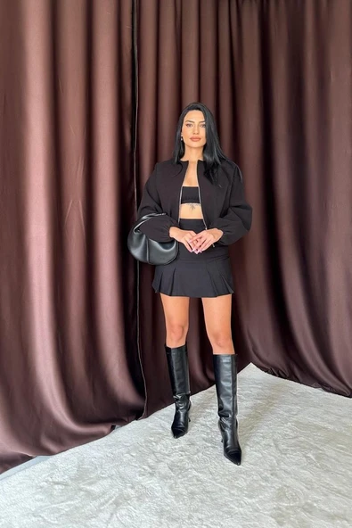 Siyah Kısa Önü Fermuarlı Bomber Ceket - 2