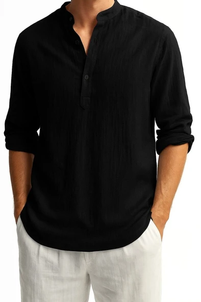 Erkek Uzun Kollu Hakim Yaka Düğmeli Erkek Müslim Gömlek - 3