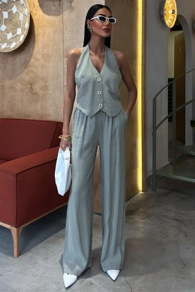 Halter Yaka Yelekli Modal Takım 10144